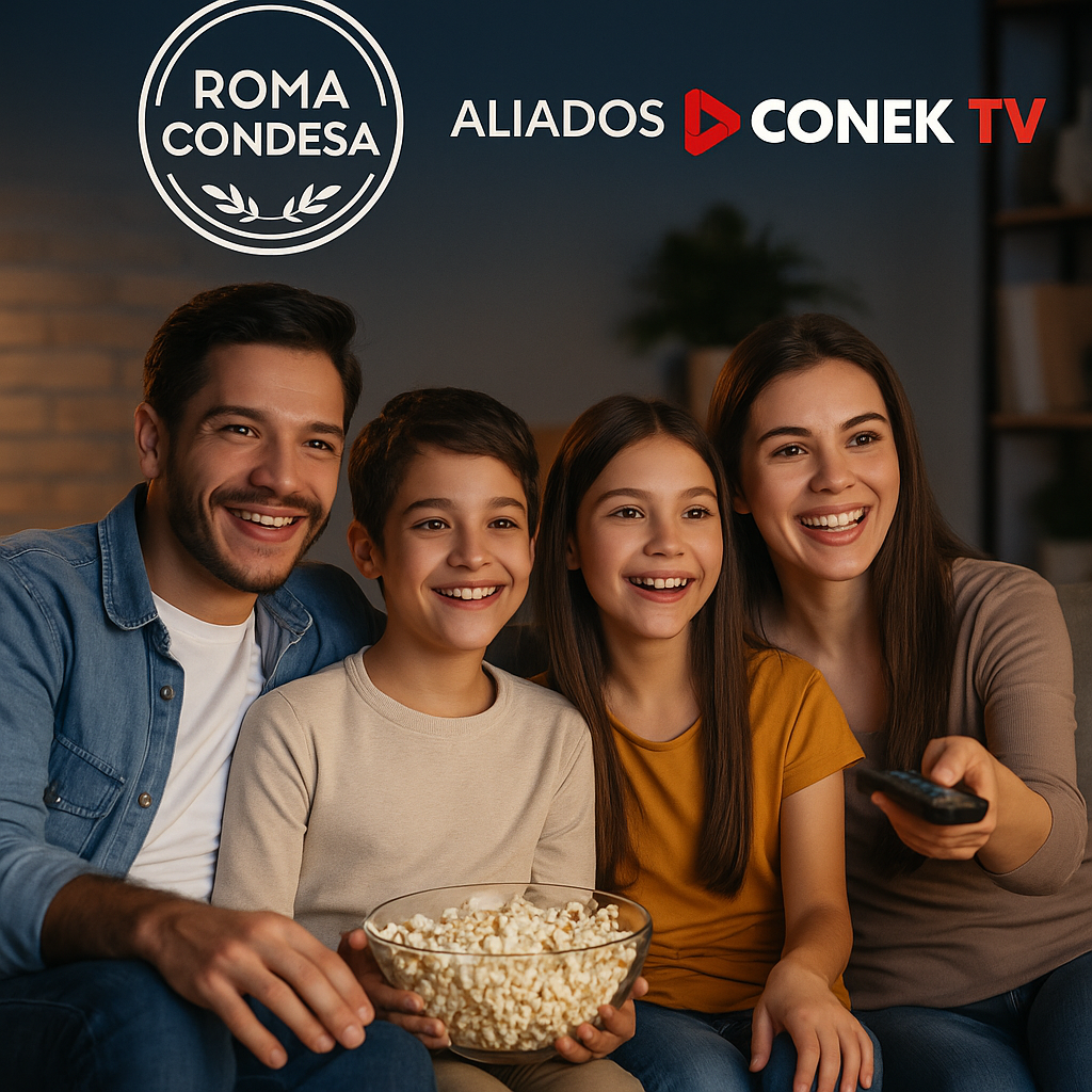 Family of four enjoying a movie night together, smiling and holding popcorn with a remote control in hand.