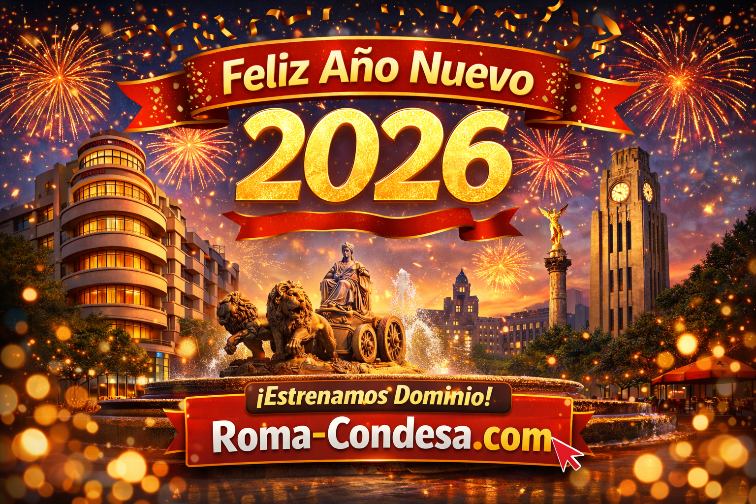 New Year's 2026 celebration graphic featuring fireworks, a fountain, and the text 'Feliz Año Nuevo 2026'.