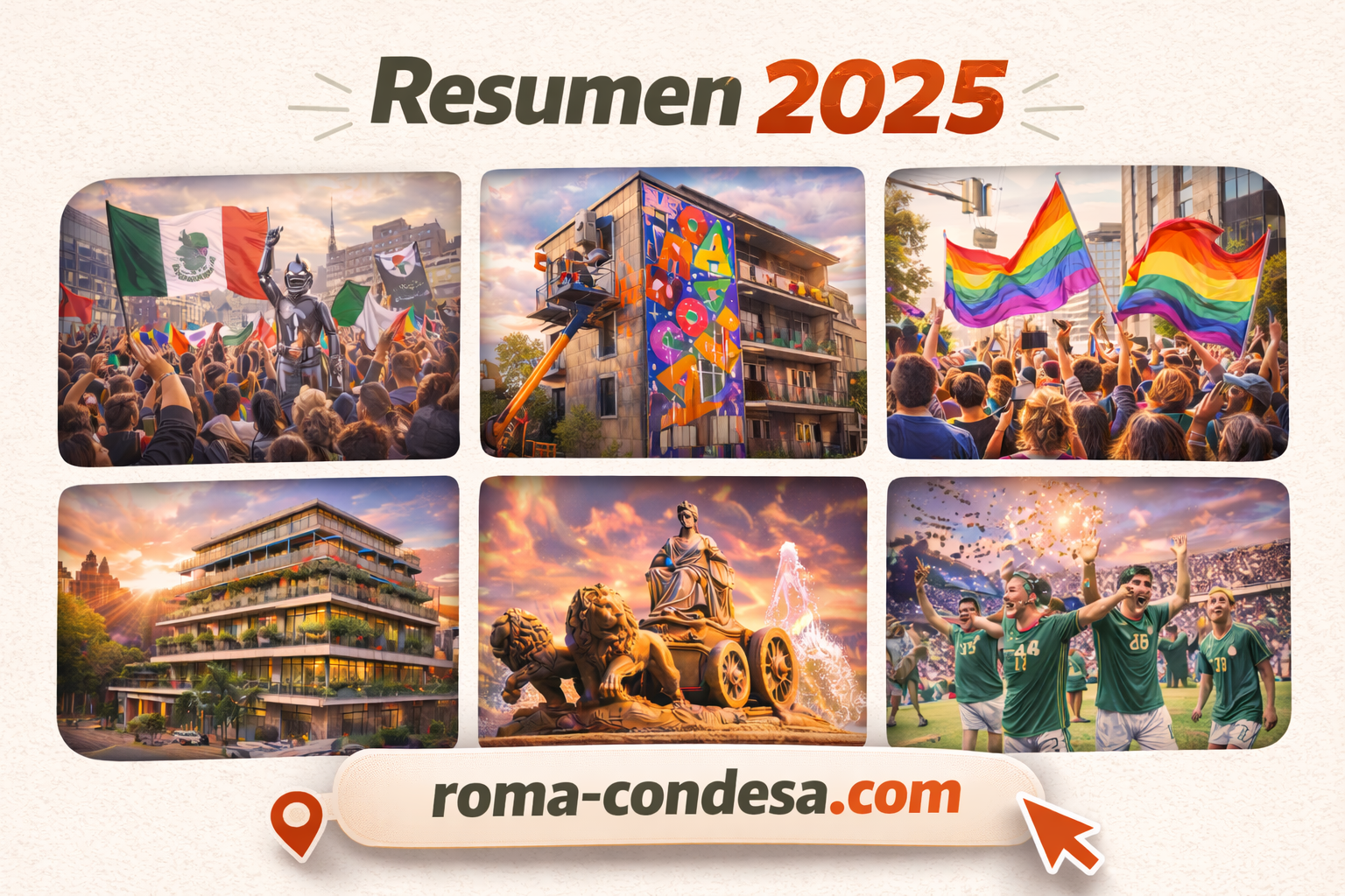 Collage of images representing events and highlights from 2025, including celebrations and architectural features.