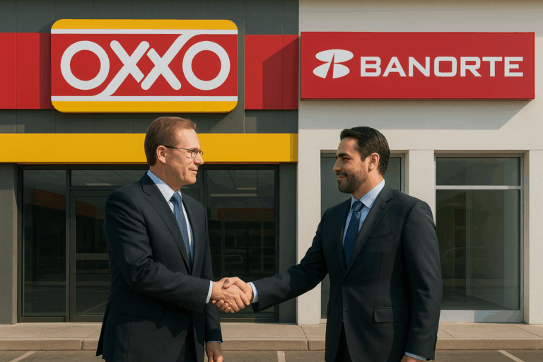 Two men in business suits shaking hands in front of OXXO and Banorte signage.