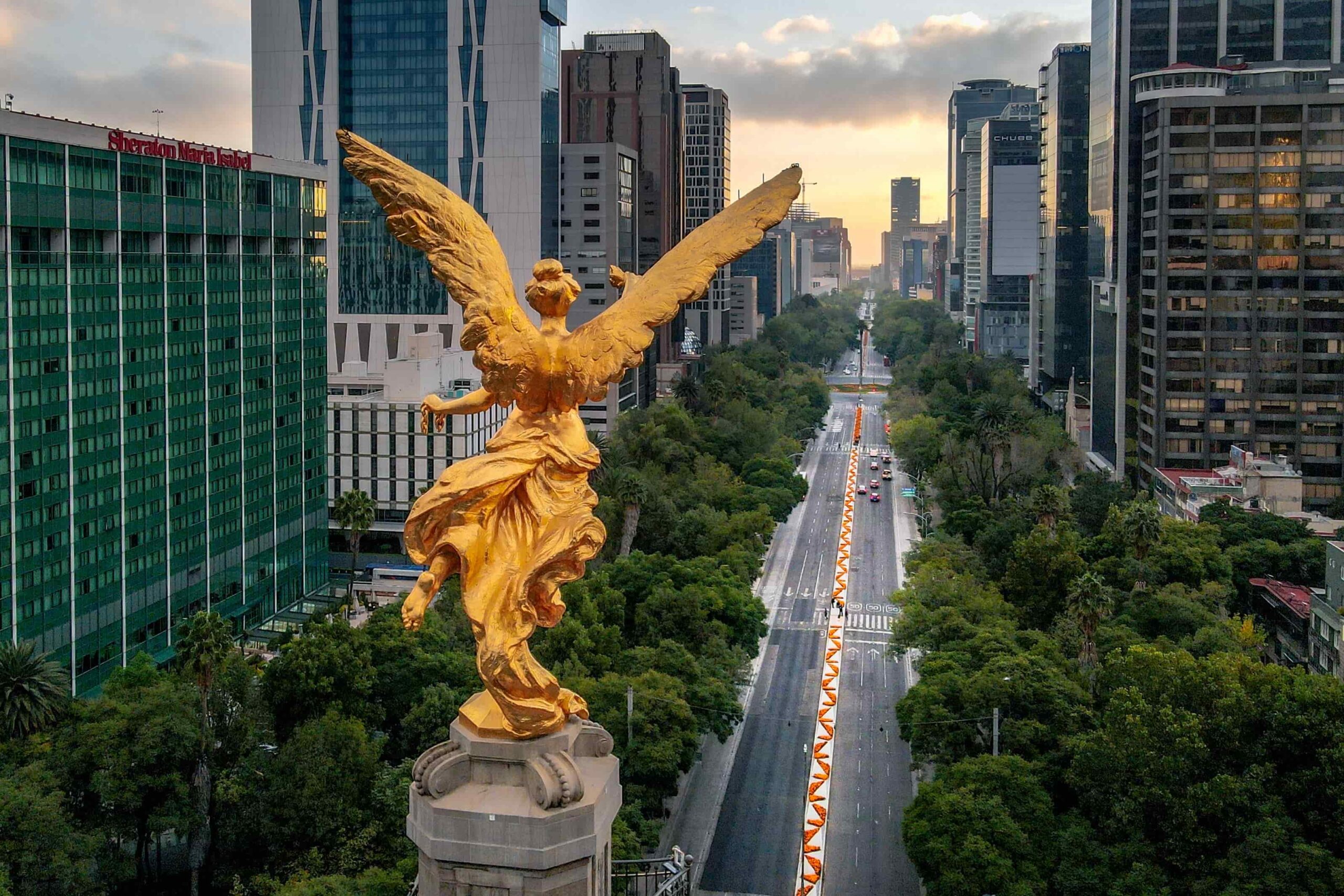 Golden angel statue atop a pedestal overlooking a wide avenue lined with trees in Mexico City.