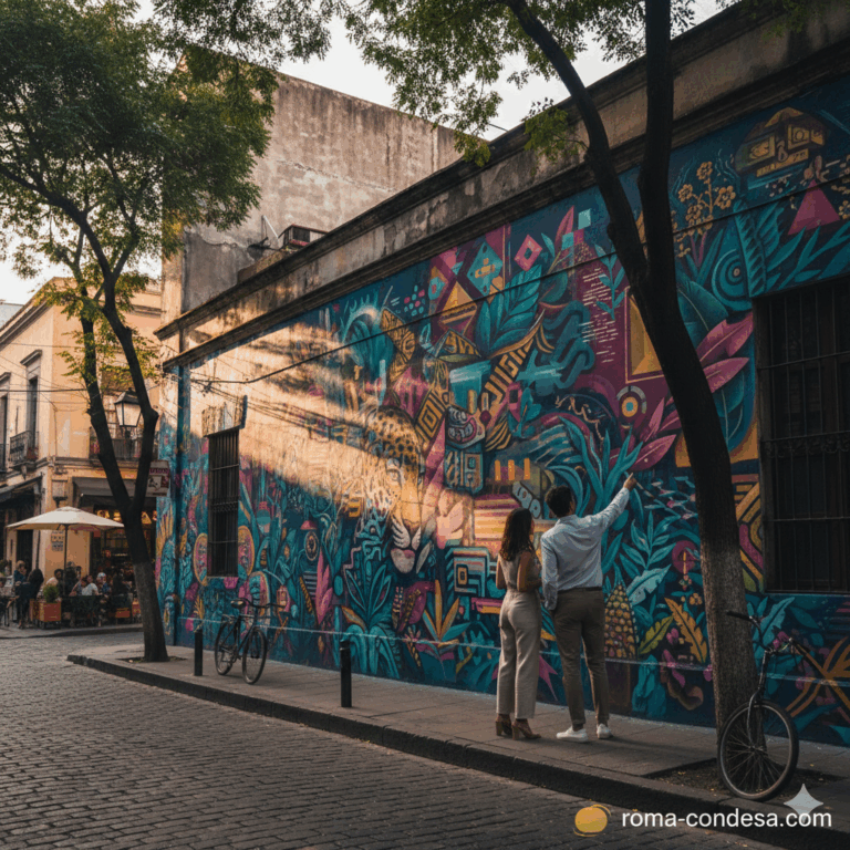 Colorful mural depicting vibrant flora and fauna on a wall in an urban setting with two people observing it.
