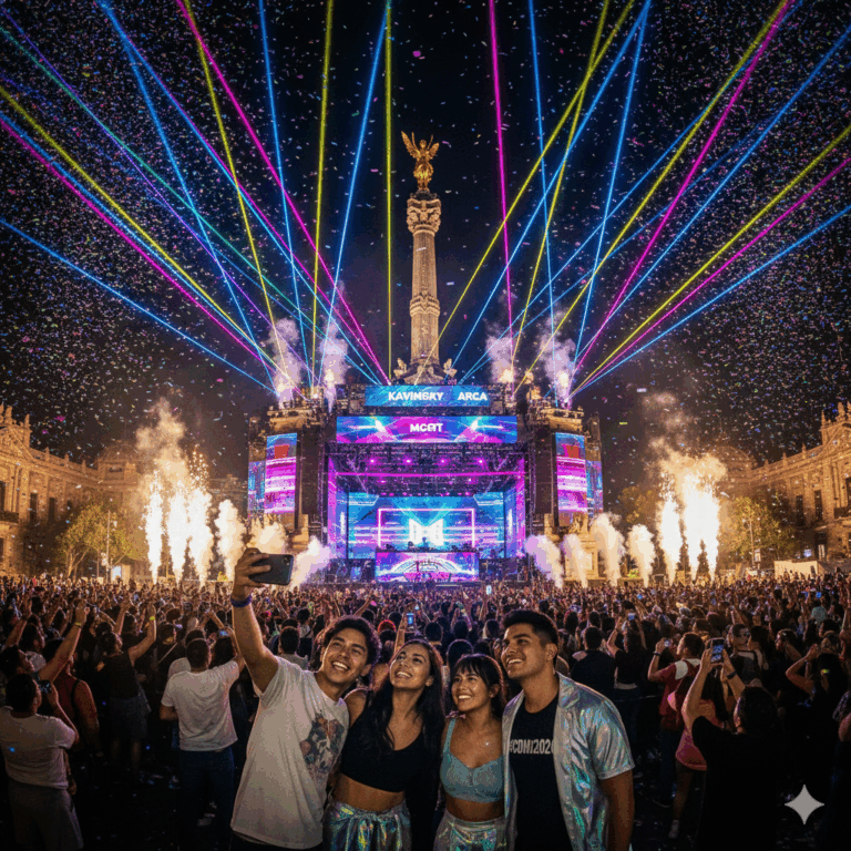 Crowd enjoying a music festival at a historic monument with colorful lights and fireworks in the background.