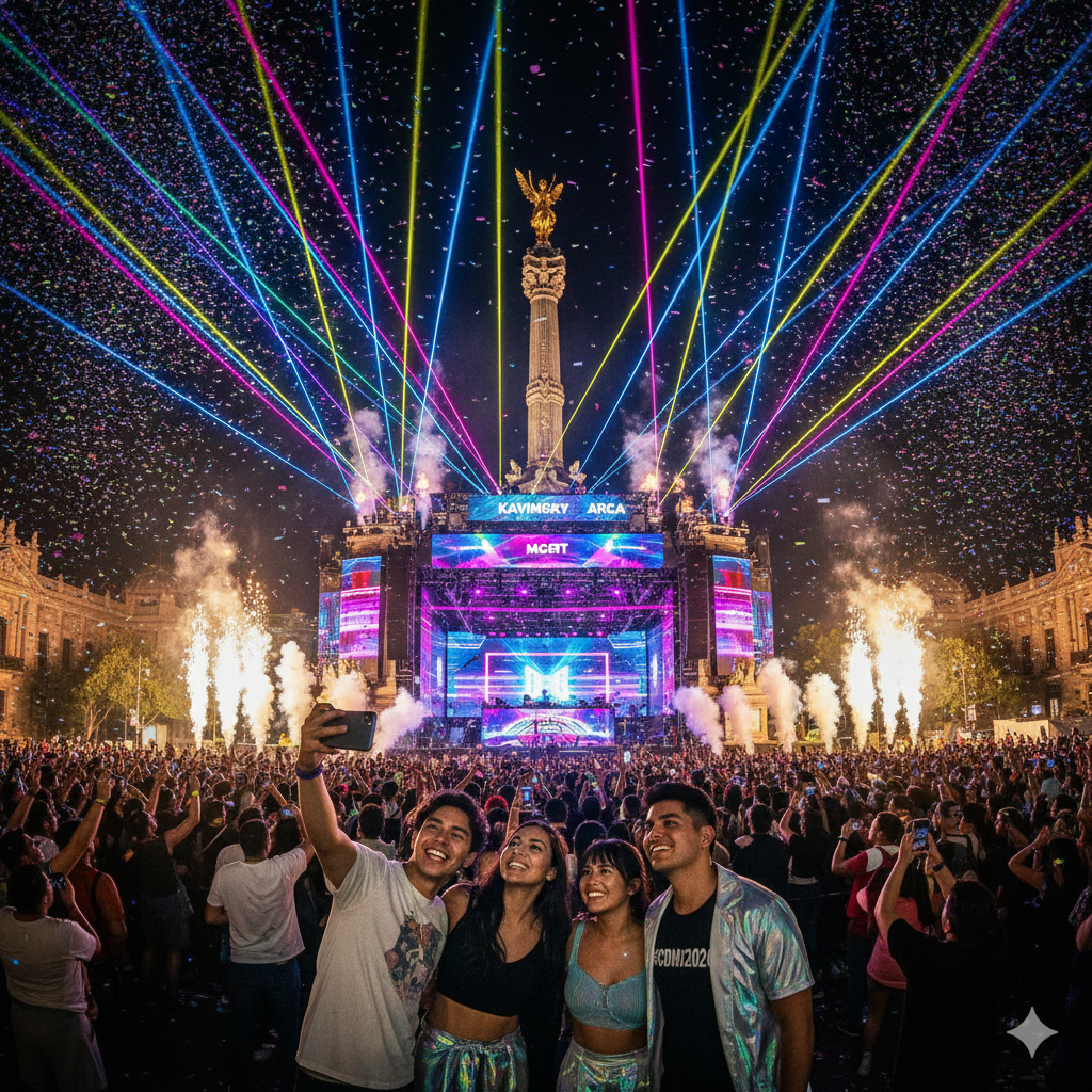 Crowd enjoying a music festival at a historic monument with colorful lights and fireworks in the background.