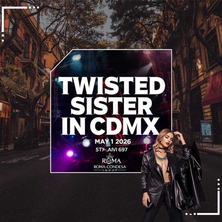 Promotional graphic for Twisted Sister event in CDMX on May 1, 2026, featuring a model in a black outfit.