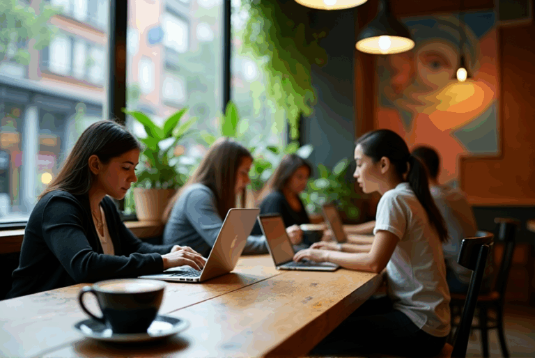 Group of individuals working on laptops at a wooden table in a café setting with plants and warm lighting.