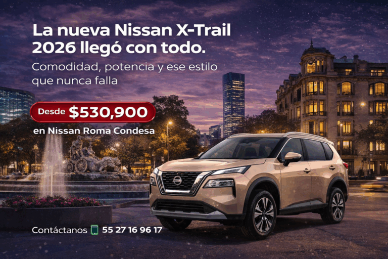 2026 Nissan X-Trail parked in front of a fountain at night with city lights in the background.