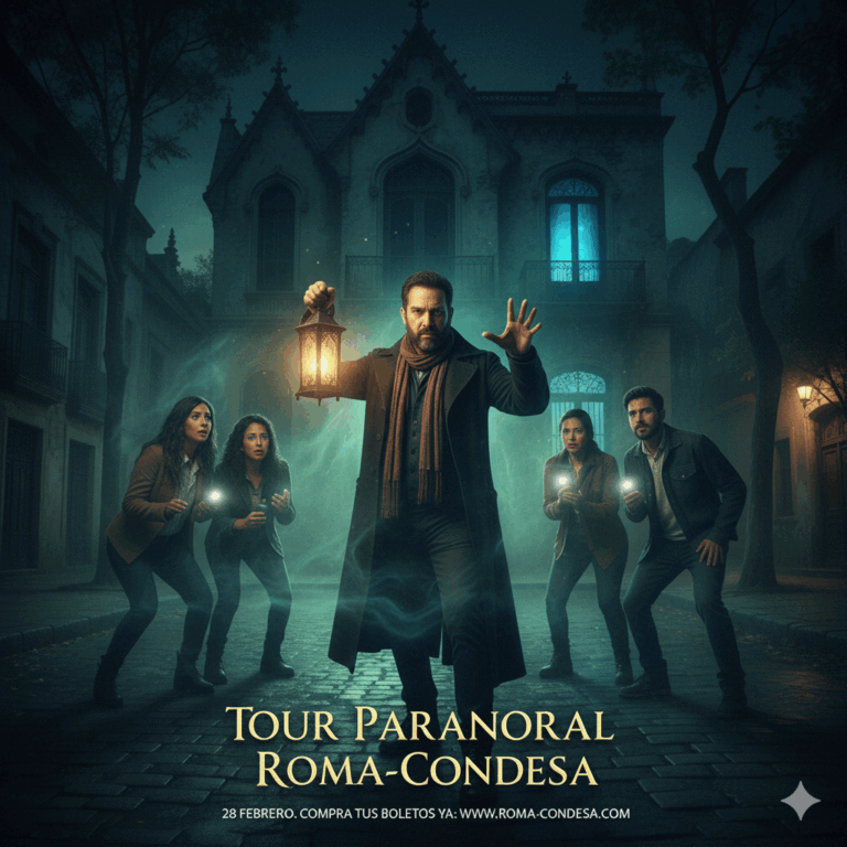 Group of five people in a dark street holding lanterns and looking towards a glowing figure during a paranormal tour.