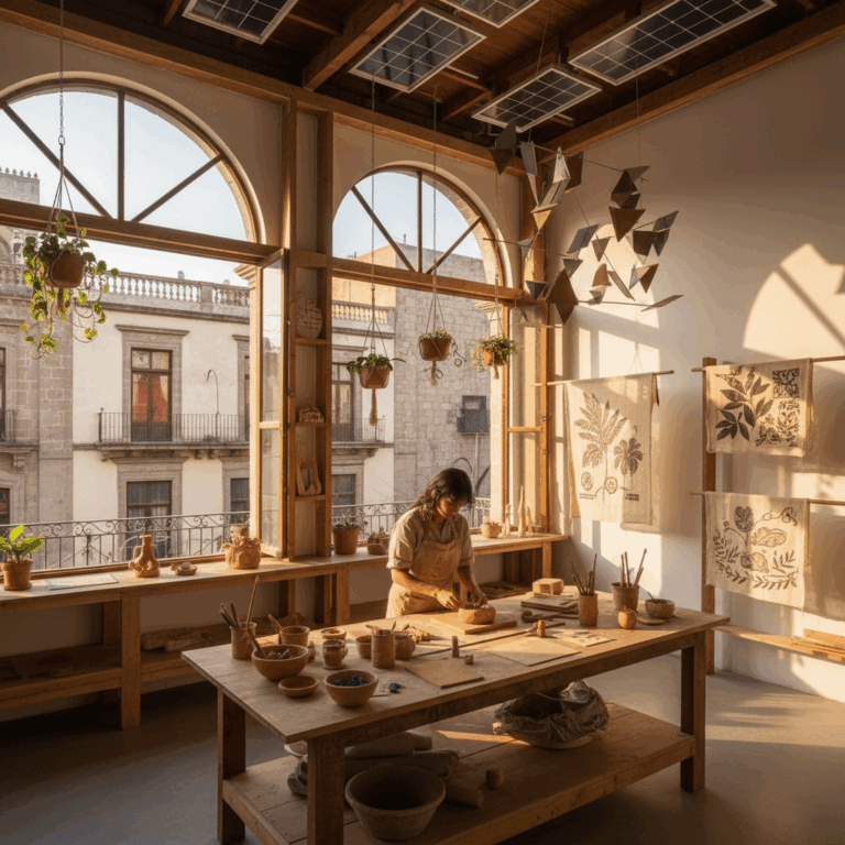 A woman working on pottery at a wooden table in a sunlit studio with plants and hanging decor.