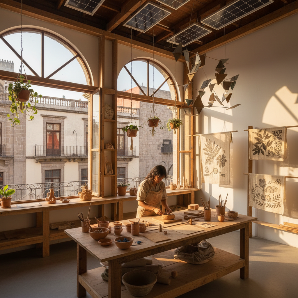A woman working on pottery at a wooden table in a sunlit studio with plants and hanging decor.