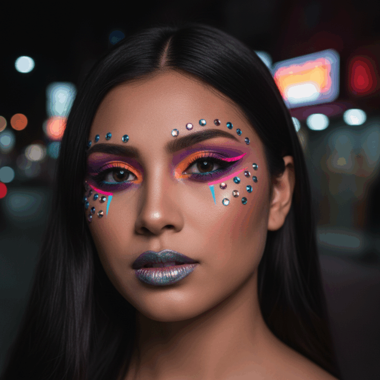 Close-up portrait of a woman with vibrant makeup, featuring colorful eyeshadow and decorative gems on her face.