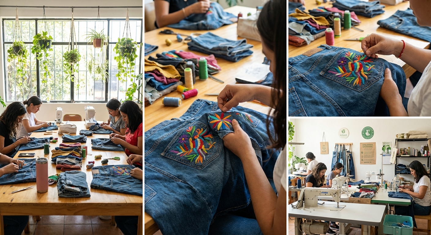 Group of individuals engaged in embroidery on denim fabric at a workshop table with colorful threads.