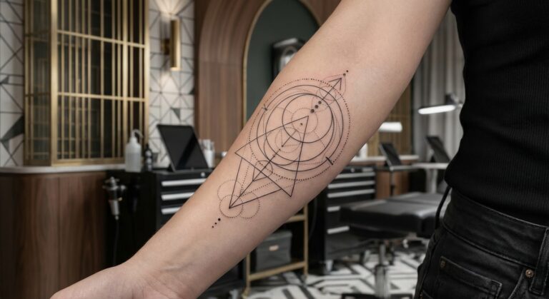 Black geometric tattoo design featuring circles and lines on a person's forearm.