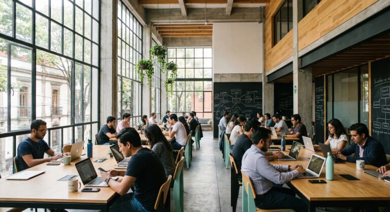 A modern coworking space with multiple people working on laptops at long tables under large windows.