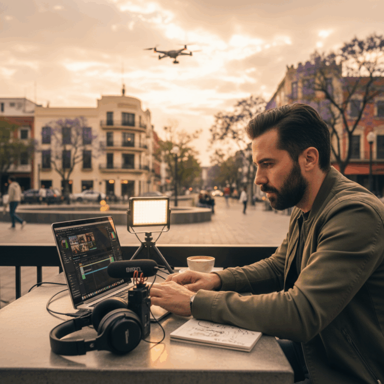 Man working on a laptop with audio equipment and a drone flying overhead in an outdoor setting.