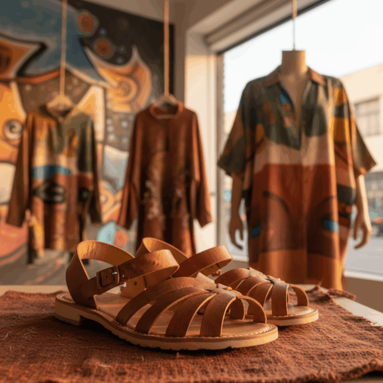 Brown leather sandals with multiple straps placed on a textured surface in a clothing store.