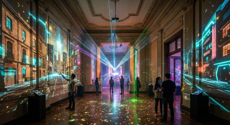 Art installation featuring colorful light projections and people interacting in a gallery space.