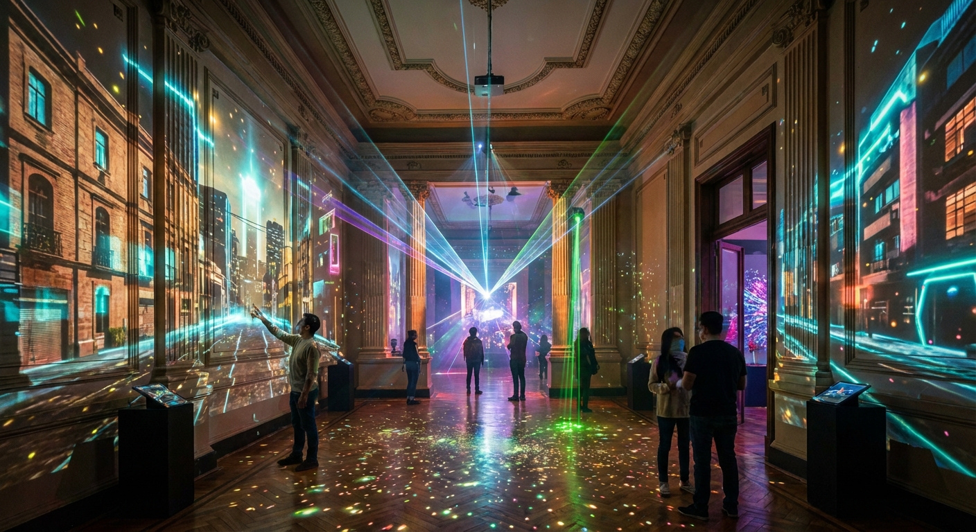 Art installation featuring colorful light projections and people interacting in a gallery space.