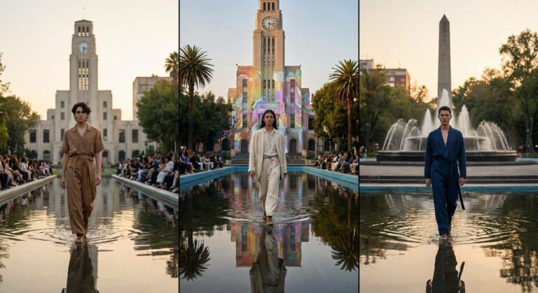 Models walking on water in a reflective pool during a fashion show at a historic building with a clock tower.