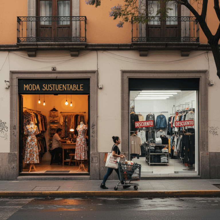 Two storefronts in a city, one promoting sustainable fashion and the other offering discounts on clothing.
