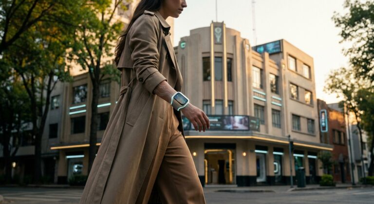 Woman in a beige trench coat walking past a modern building, wearing a smartwatch on her wrist.