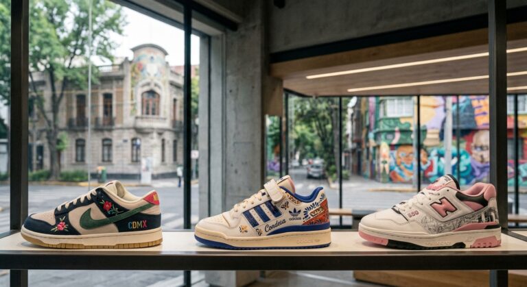 Three pairs of sneakers displayed on a shelf, featuring unique designs and colors.