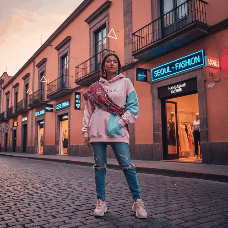Young woman wearing a pink and blue hoodie with a patterned crossbody bag standing on a street at dusk.