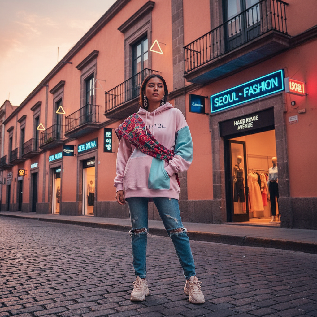 Young woman wearing a pink and blue hoodie with a patterned crossbody bag standing on a street at dusk.