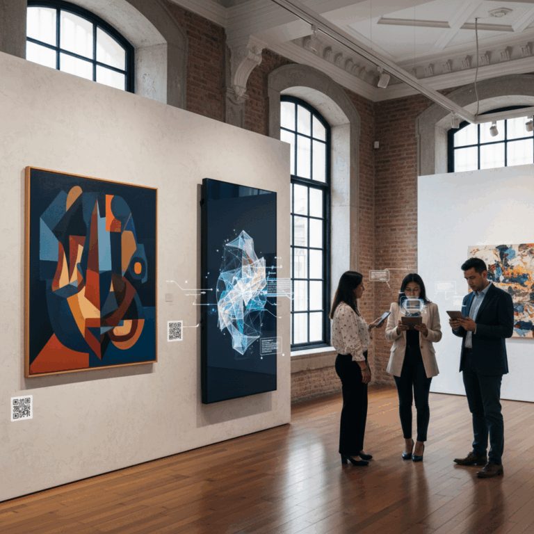 Three individuals interacting with digital art displays in a gallery setting with abstract artworks on the walls.