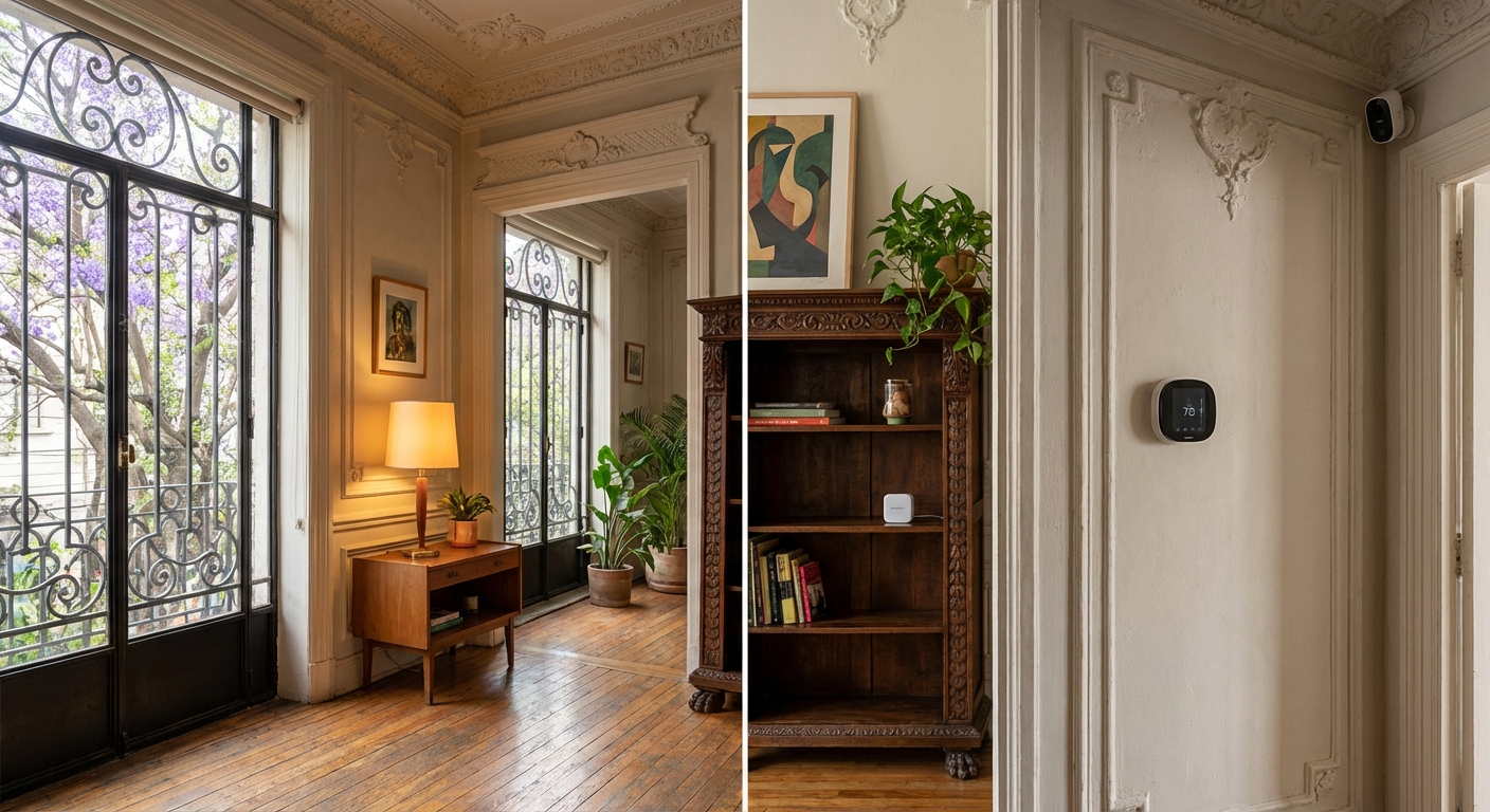 Interior view of a room with a wooden table lamp, plants, and an ornate bookshelf against a wall.
