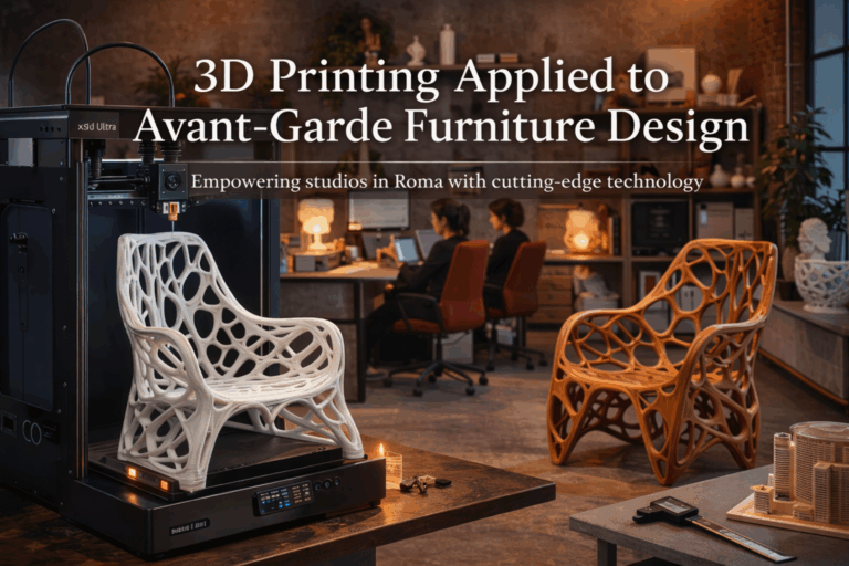 3D printed avant-garde furniture designs displayed in a studio setting with a 3D printer in the foreground.