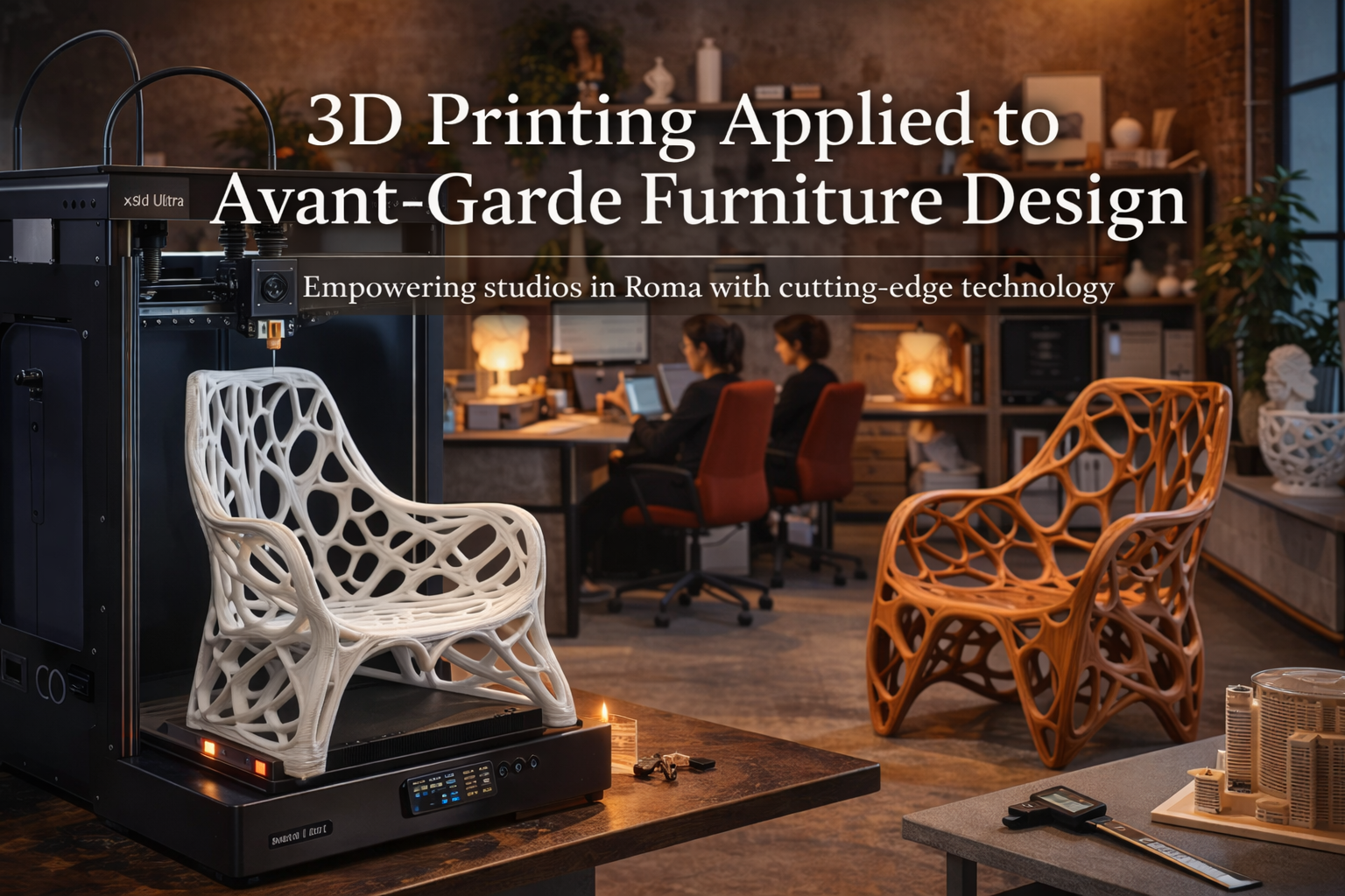 3D printed avant-garde furniture designs displayed in a studio setting with a 3D printer in the foreground.