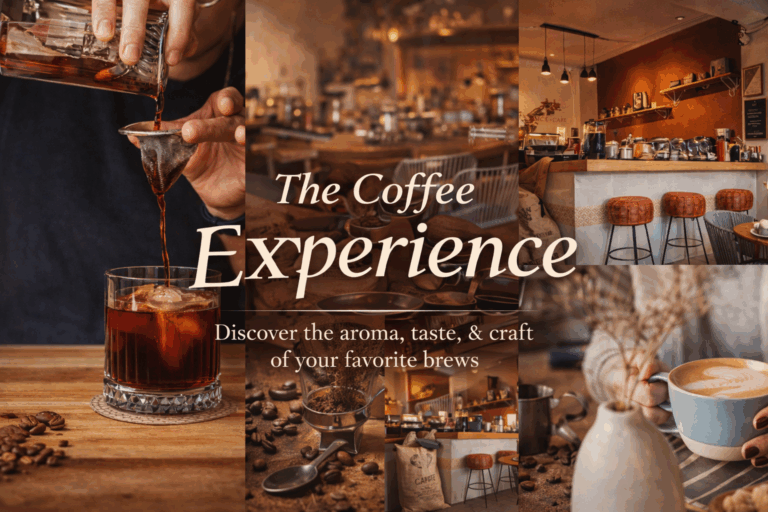 Collage of coffee preparation and brewing processes with various coffee beverages and beans.