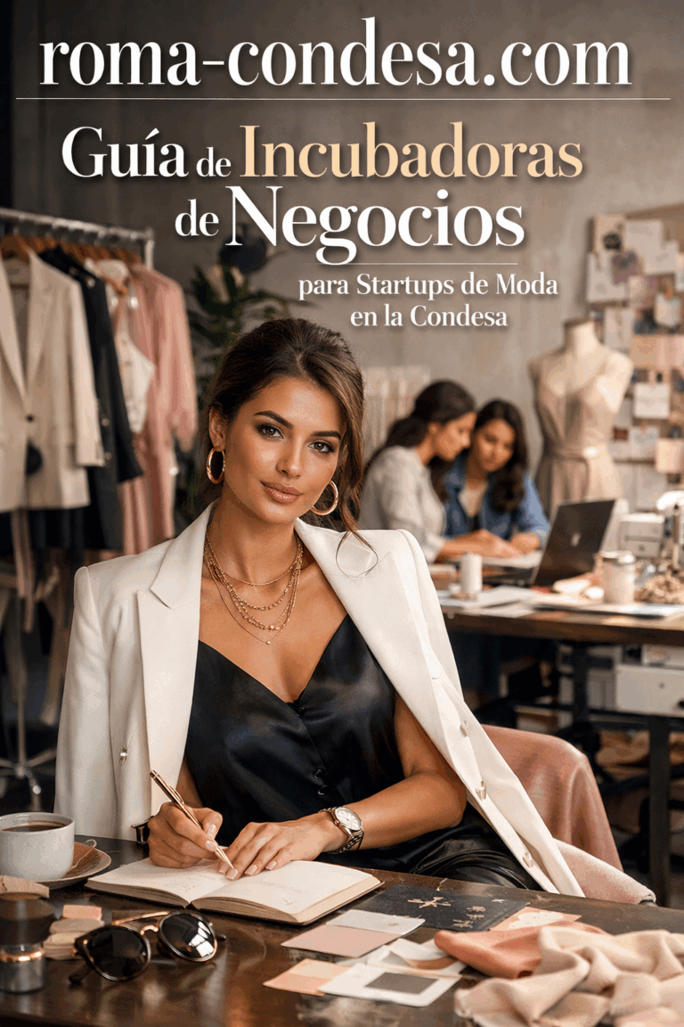 Woman in a stylish outfit writing notes at a fashion startup incubator workspace with colleagues in the background.