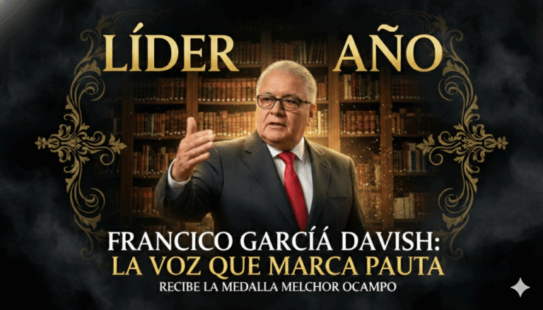Francisco García Davish speaking at an event, receiving the Melchor Ocampo medal, with a library backdrop.