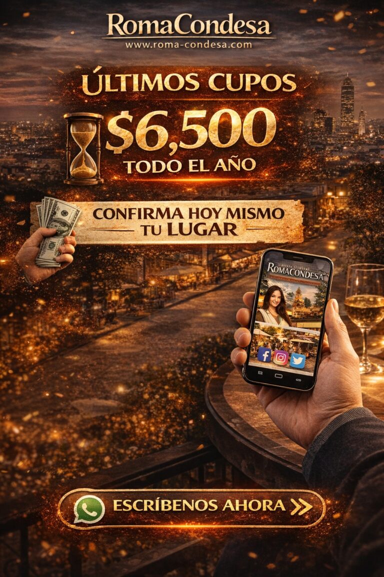 Promotional graphic for RomaCondesa featuring a smartphone displaying the magazine, money, and a glass of wine.