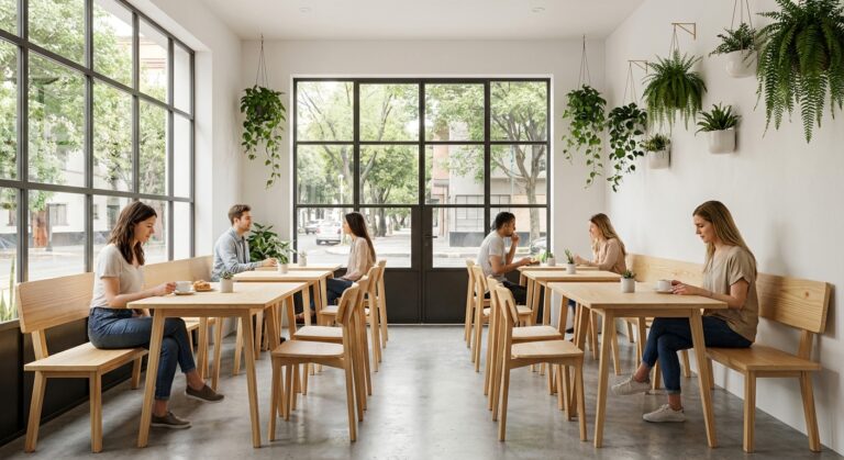 Interior of a modern café with wooden tables and chairs, featuring several patrons engaged in various activities.