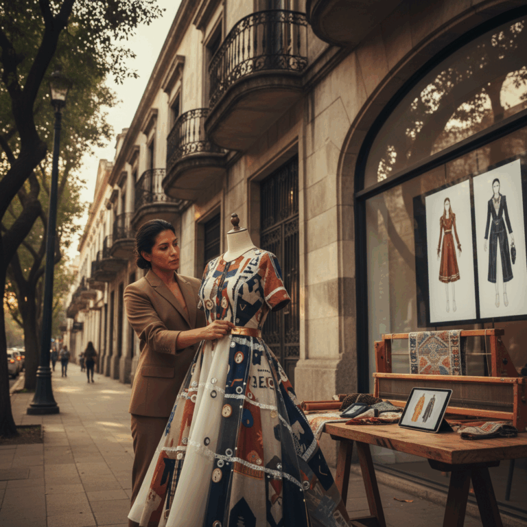 A woman adjusting a colorful dress on a mannequin outside a boutique with fashion illustrations in the window.