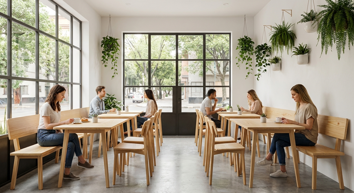 Interior of a modern café with wooden tables and chairs, featuring several patrons engaged in various activities.