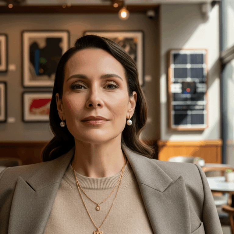 A woman with long hair wearing a beige blazer and layered gold necklaces, seated in a modern interior with artwork on the walls.