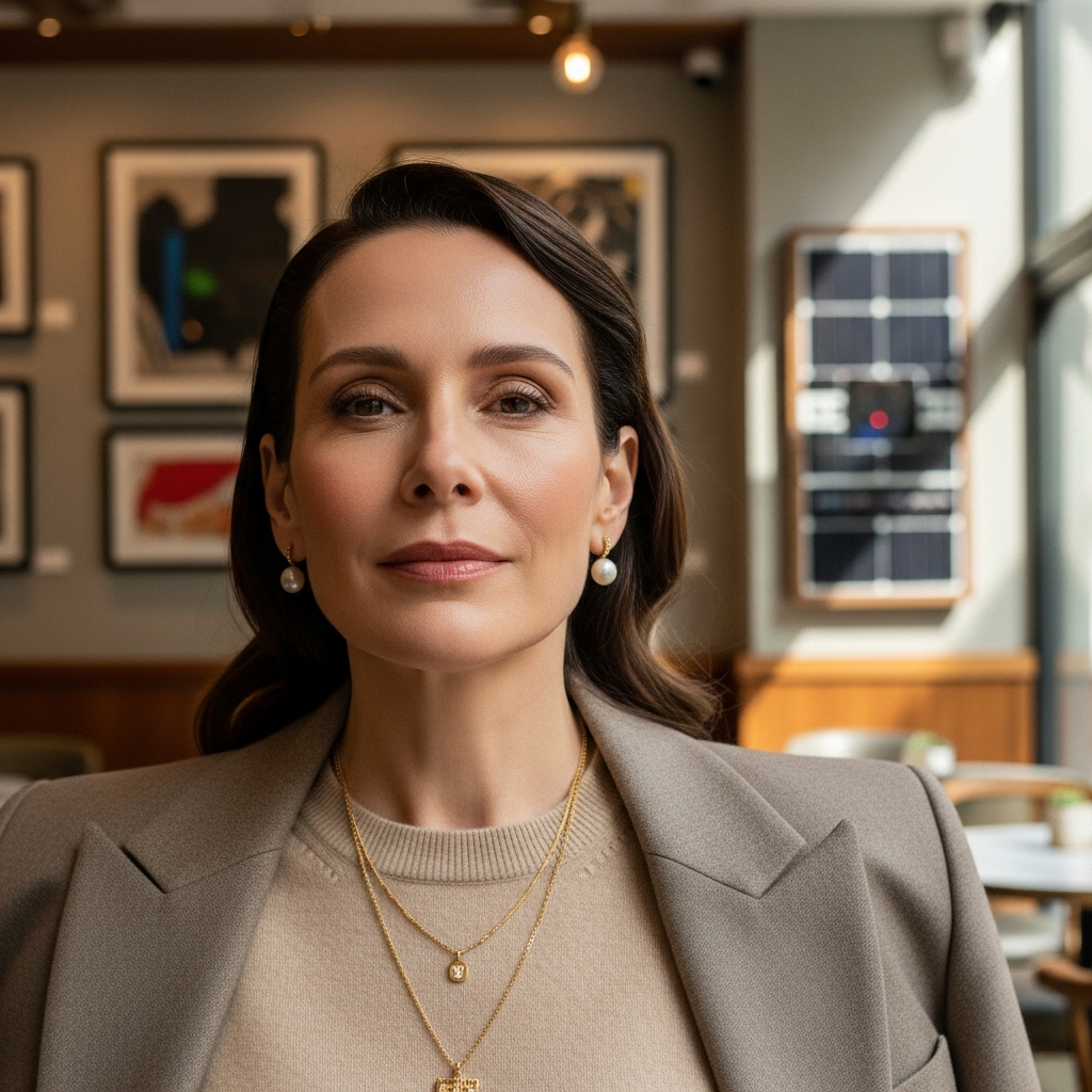 A woman with long hair wearing a beige blazer and layered gold necklaces, seated in a modern interior with artwork on the walls.
