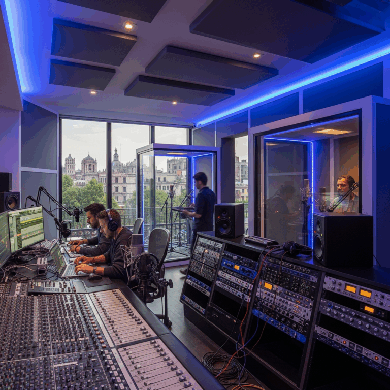 Recording studio with sound engineers working at a mixing console and a vocalist in a sound booth.