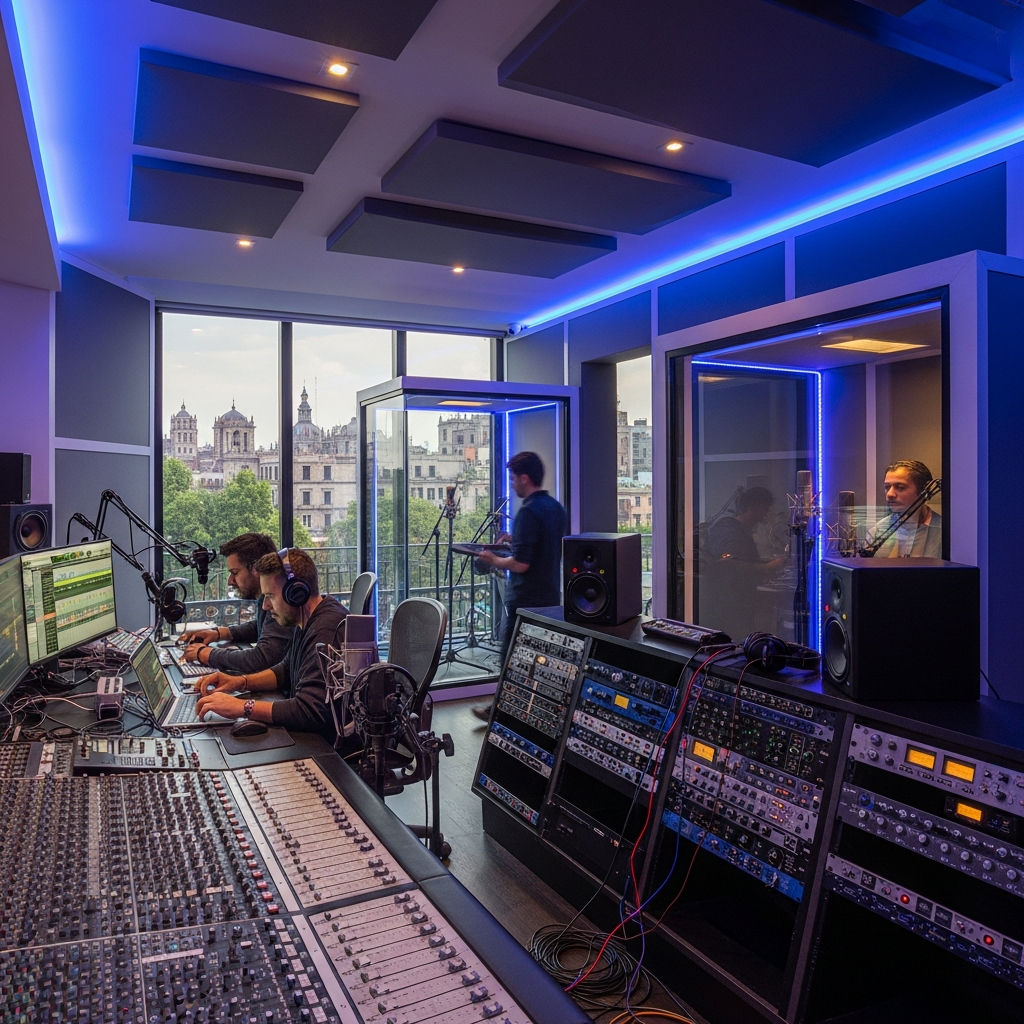 Recording studio with sound engineers working at a mixing console and a vocalist in a sound booth.
