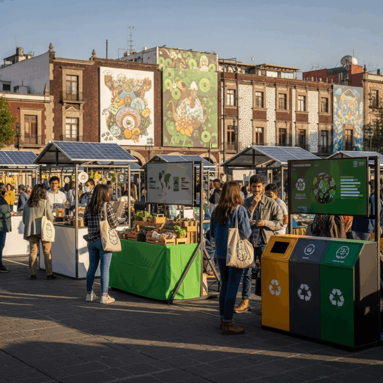 Outdoor market scene with people interacting and recycling bins in a vibrant urban setting.