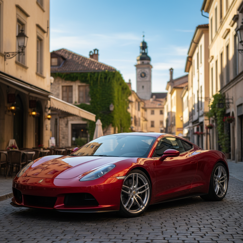 Red sports car parked on a cobblestone street with historic buildings in the background.