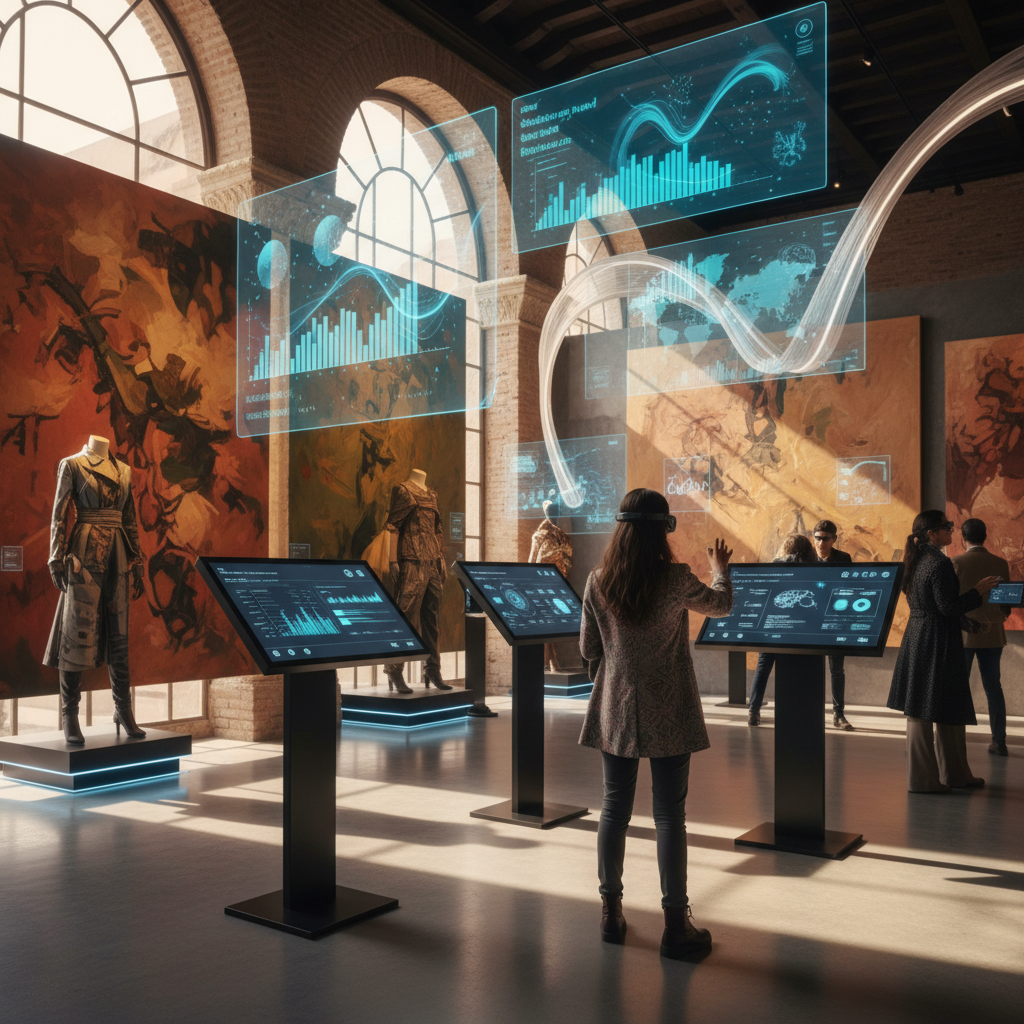 Interactive exhibition featuring digital displays and historical costumes in a gallery setting.