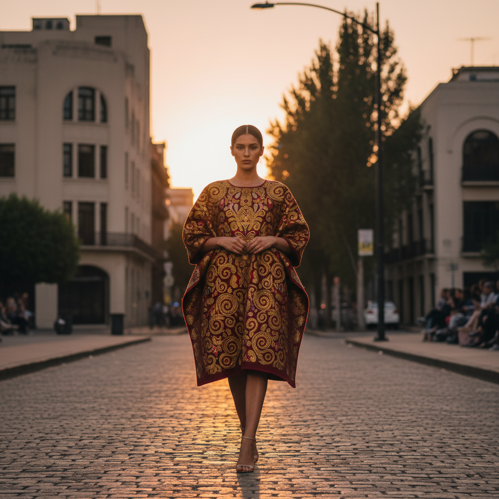 Model wearing a patterned garment walking down a cobblestone street during sunset.