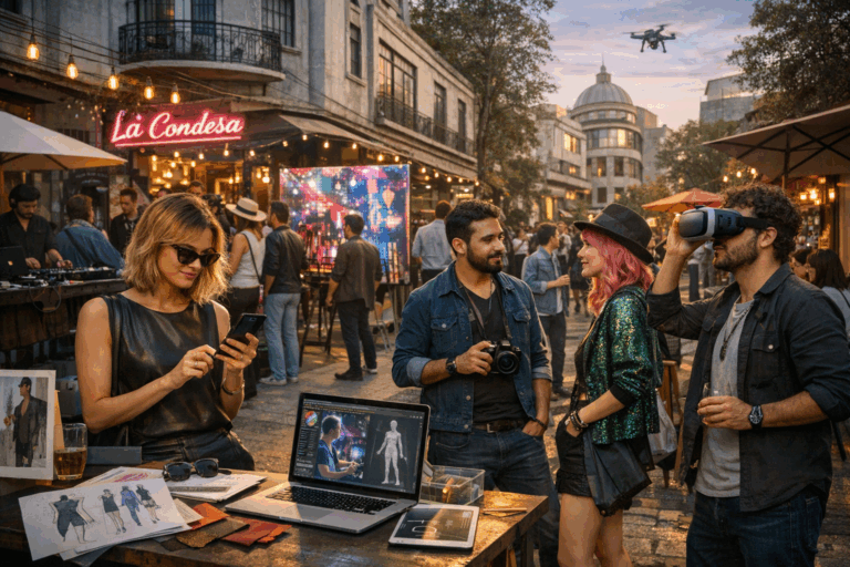 Group of people engaged in various activities outdoors, with a laptop, smartphone, and a drone in the background.