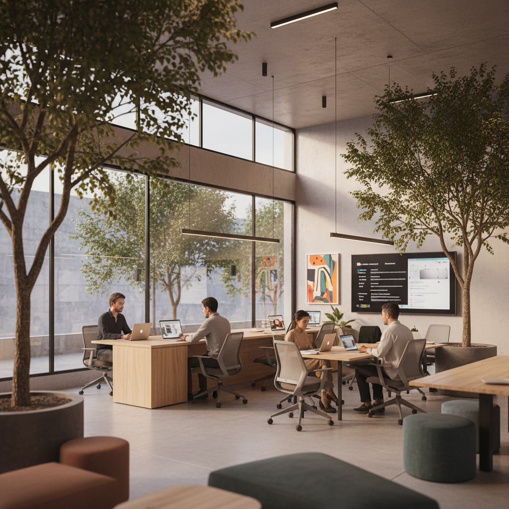 Modern office space with large windows, greenery, and people working at desks with laptops.