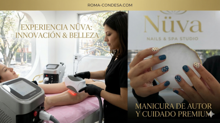 Gemini beauty scene in Roma-Condesa Magazine showing a technician performing a leg treatment with a handheld device at Nüva Nails & Spa Studio; client leg on pink sheet, blue nails with polka-dot accents visible.